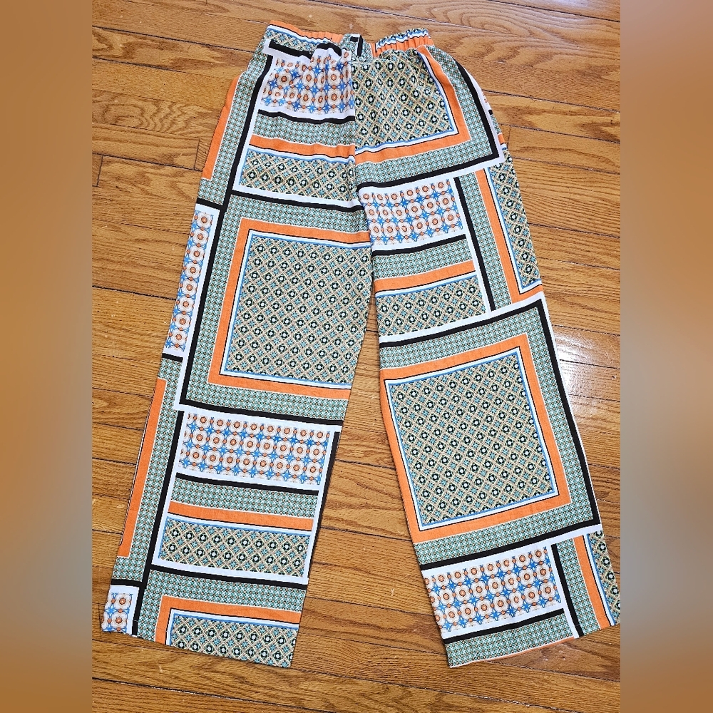 Geometric Print Elastic Waist Pants - Orange, Green, Black, White